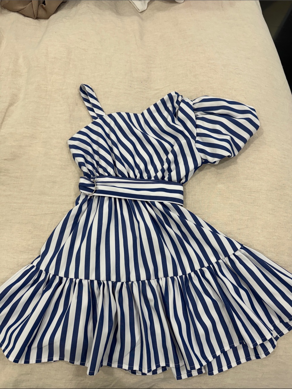 Habitual Navy & White Striped One-Shoulder Kids Dress with Belt